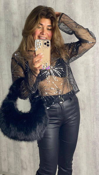 Top transparente con pedrería plateada