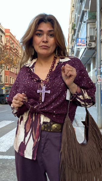 Chaqueta bomber de lentejuelas color berenjena