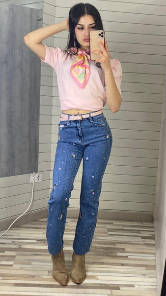 Pantalón recto bordado azul vaquero