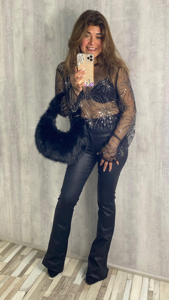 Top transparente con pedrería plateada