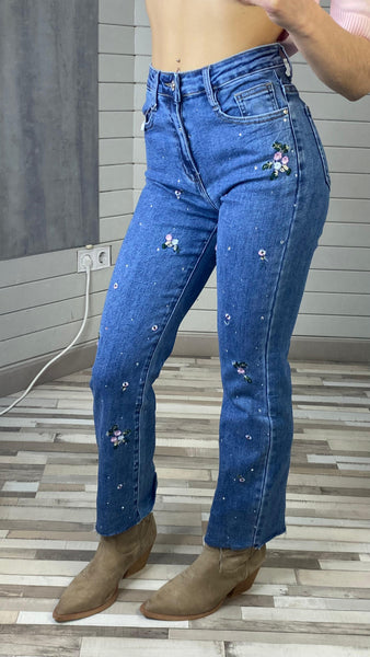 Pantalón recto bordado azul vaquero