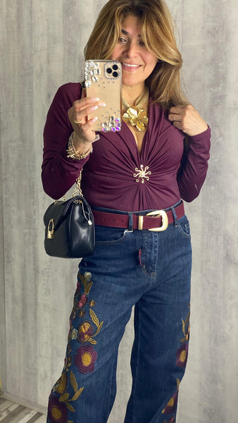 Bodi elástico granate escote en pico