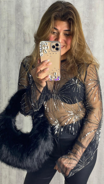 Top transparente con pedrería plateada