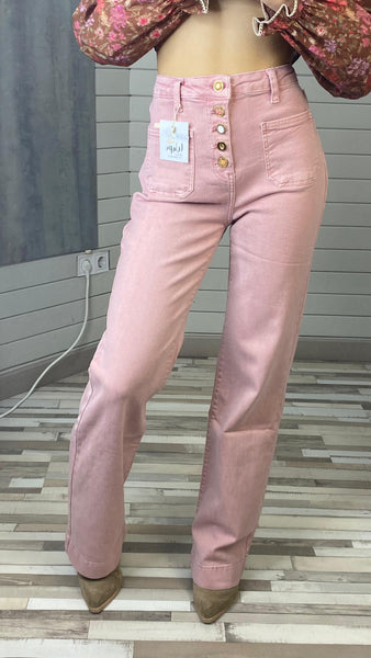 Pantalón recto abotonado rosa nude