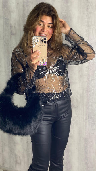 Top transparente con pedrería plateada