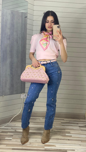 Pantalón recto bordado azul vaquero
