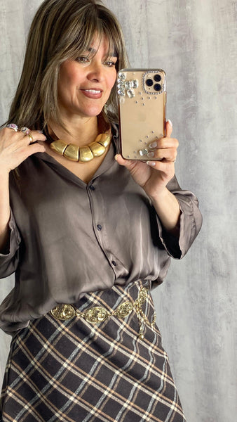 Gargantilla dorada y marrón chocolate en metal y tela