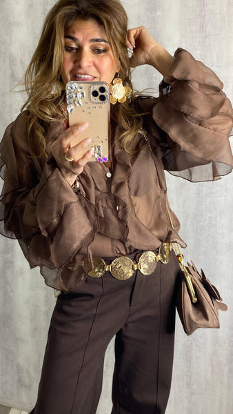 Blusa efecto seda con volantes marrón chocolate