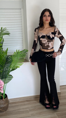 Pantalón negro de punto elástico campana