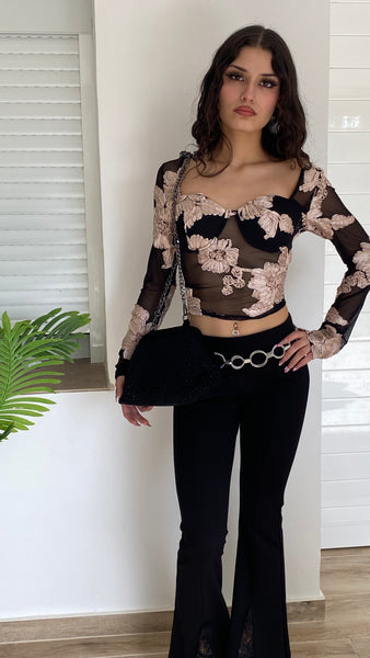 Top bordado transparente de tul