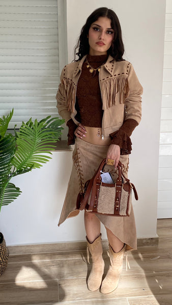 Bolso de polipiel y borreguito beige y camel