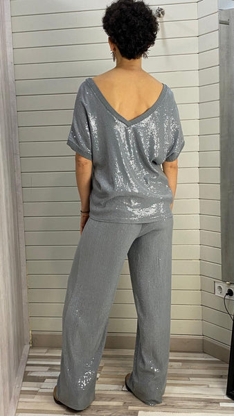 Pantalón de lino y lentejuelas gris