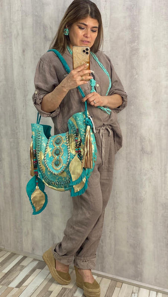 Bolso de piel boho chic color turquesa