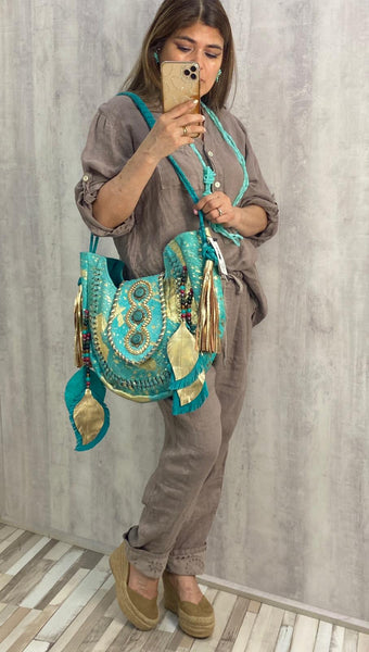 Bolso de piel boho chic color turquesa