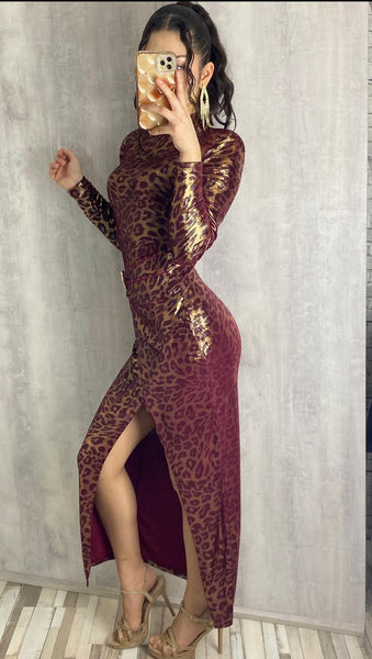 Vestido animal print granate con dorado