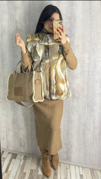 Bolso de tela combinado beige y blanco