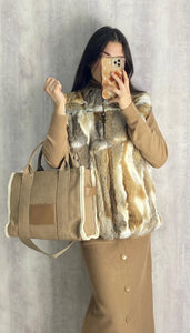 Bolso de tela combinado beige y blanco