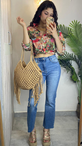 Camisa estampada Sara combinada en verde y rojo