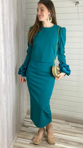 Vestido de fiesta midi azul petróleo
