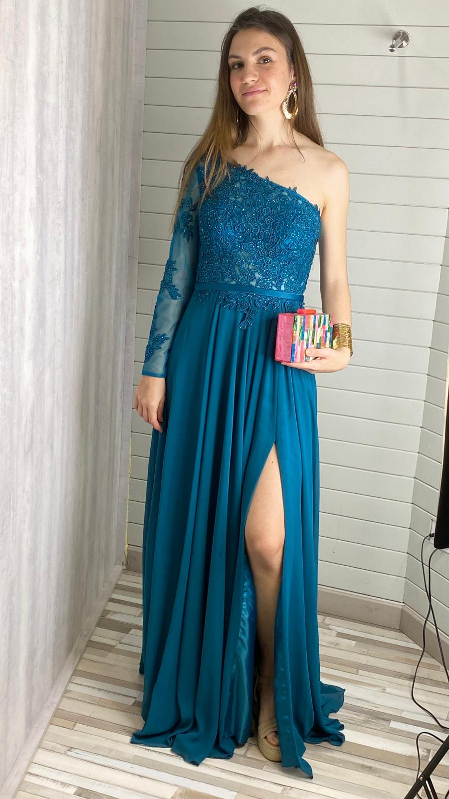 Vestido de gasa asimétrico azul petróleo