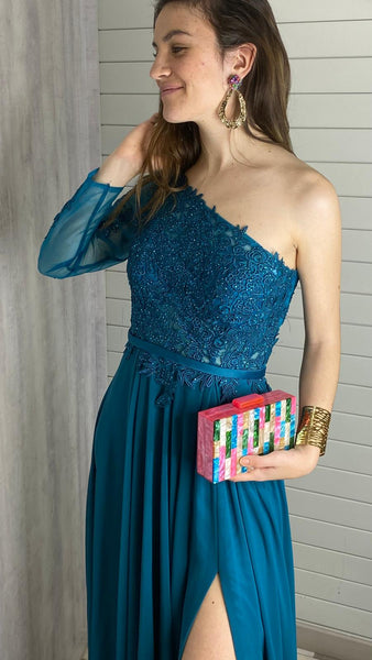 Vestido de gasa asimétrico azul petróleo
