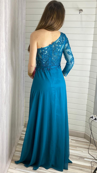 Vestido de gasa asimétrico azul petróleo