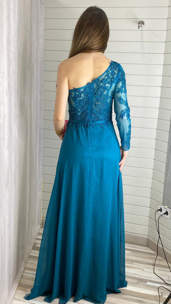 Vestido de gasa asimétrico azul petróleo