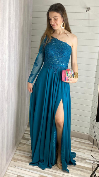 Vestido de gasa asimétrico azul petróleo