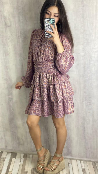 Vestido animal print en tonos malvas, salmón y un dorado