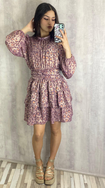 Vestido animal print en tonos malvas, salmón y un dorado
