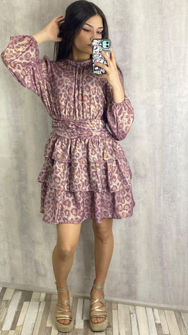 Vestido animal print en tonos malvas, salmón y un dorado