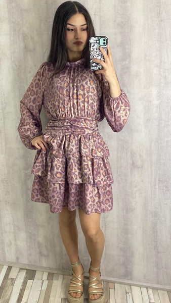 Vestido animal print en tonos malvas, salmón y un dorado