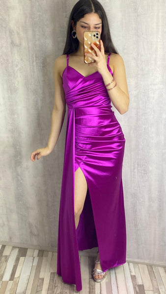 Vestido Sandra satinado en color buganvilla