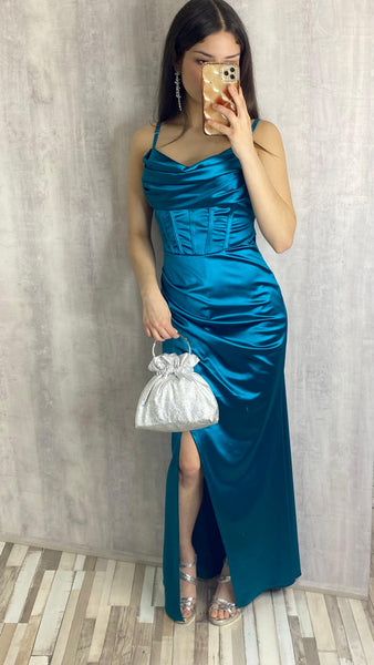 Vestido satinado azul petroleo