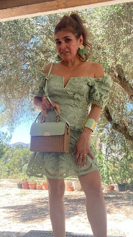 Bolso de rafia y polipiel en verde agua