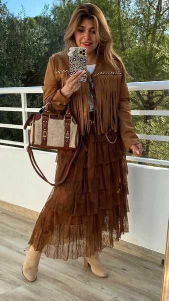 Chaqueta de antelina con flecos color camel