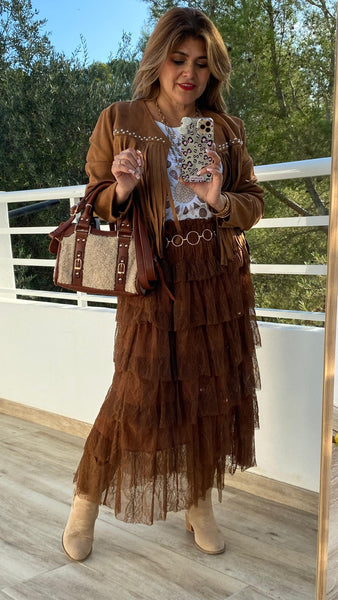 Chaqueta de antelina con flecos color camel