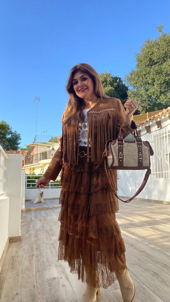 Chaqueta de antelina con flecos color camel