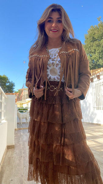 Chaqueta de antelina con flecos color camel