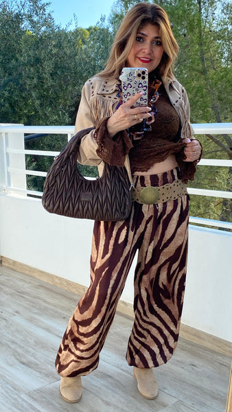Pantalón bombacho satinado beige y marrón chocolate