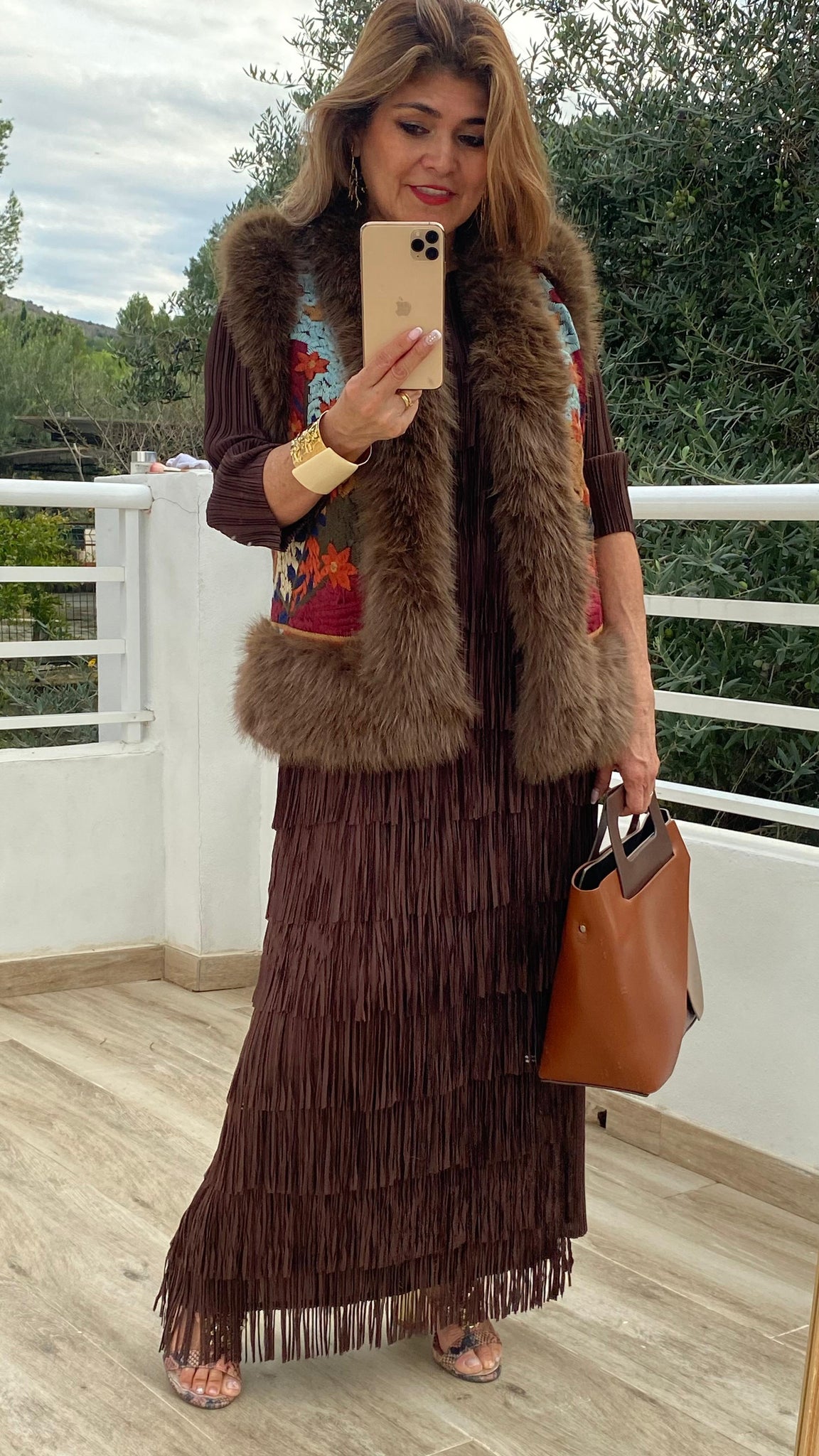 Vestido Alicia con flecos en marrón chocolate