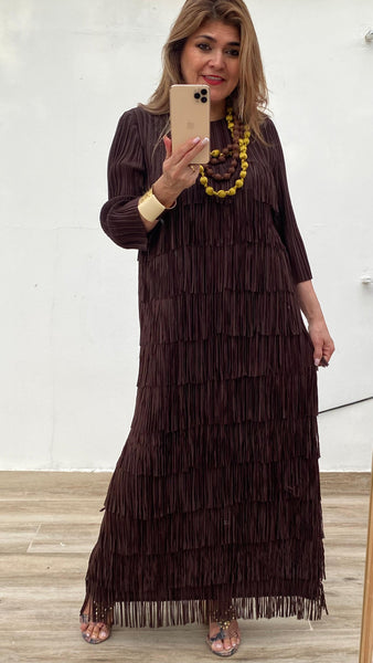 Vestido Alicia con flecos en marrón chocolate