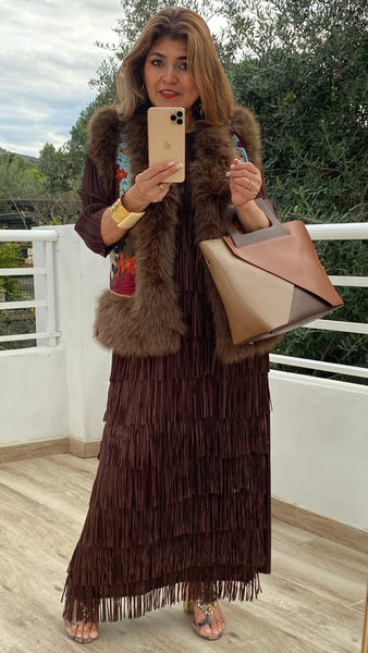 Vestido Alicia con flecos en marrón chocolate