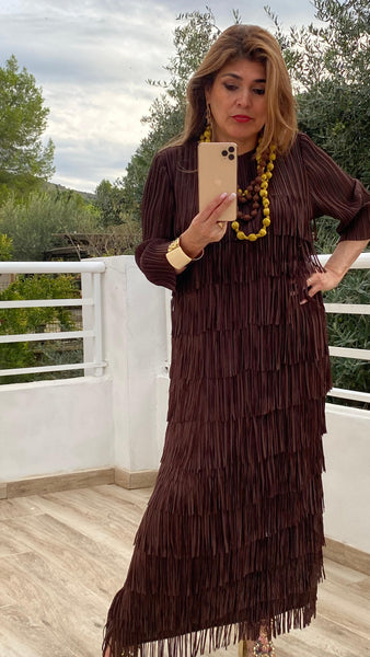 Vestido Alicia con flecos en marrón chocolate