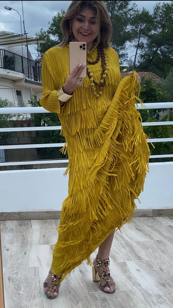 Vestido Alicia con flecos en amarillo mostaza
