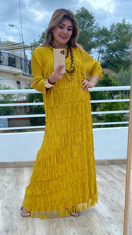 Vestido Alicia con flecos en amarillo mostaza