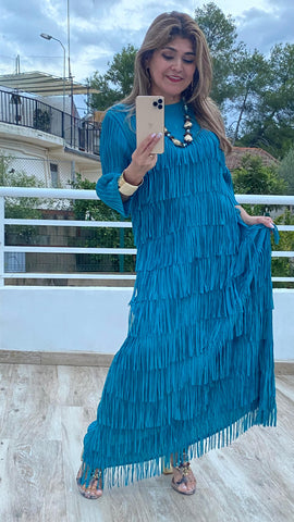 Vestido Alicia con flecos en color azul petróleo