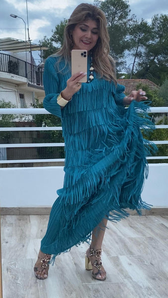 Vestido Alicia con flecos en color azul petróleo