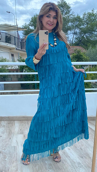 Vestido Alicia con flecos en color azul petróleo