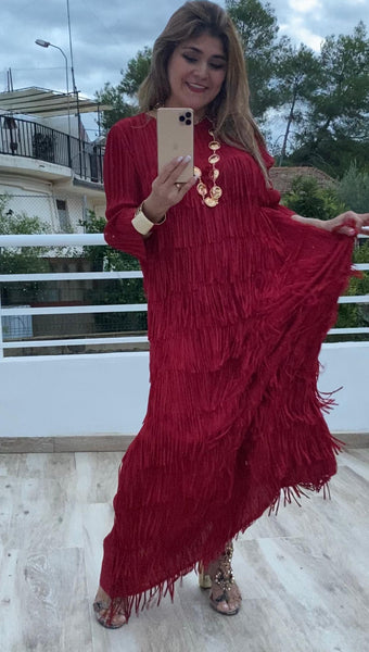 Vestido Alicia con flecos en rojo granate